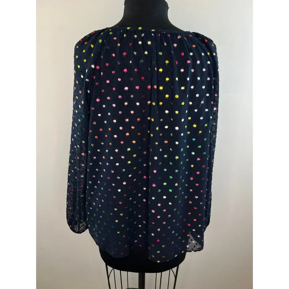 J. Crew Popover Long Sleeve Navy Blue Multi Rainbow Clip Dot Chiffon Blouse M
